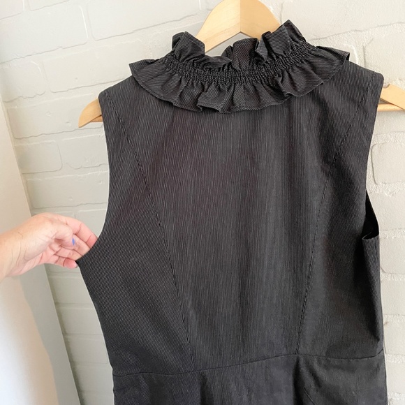 JOSEF Pencil Dress Pinstripe Charcoal Black/White Ruffled V neckline Luxury 10 - Picture 10 of 12